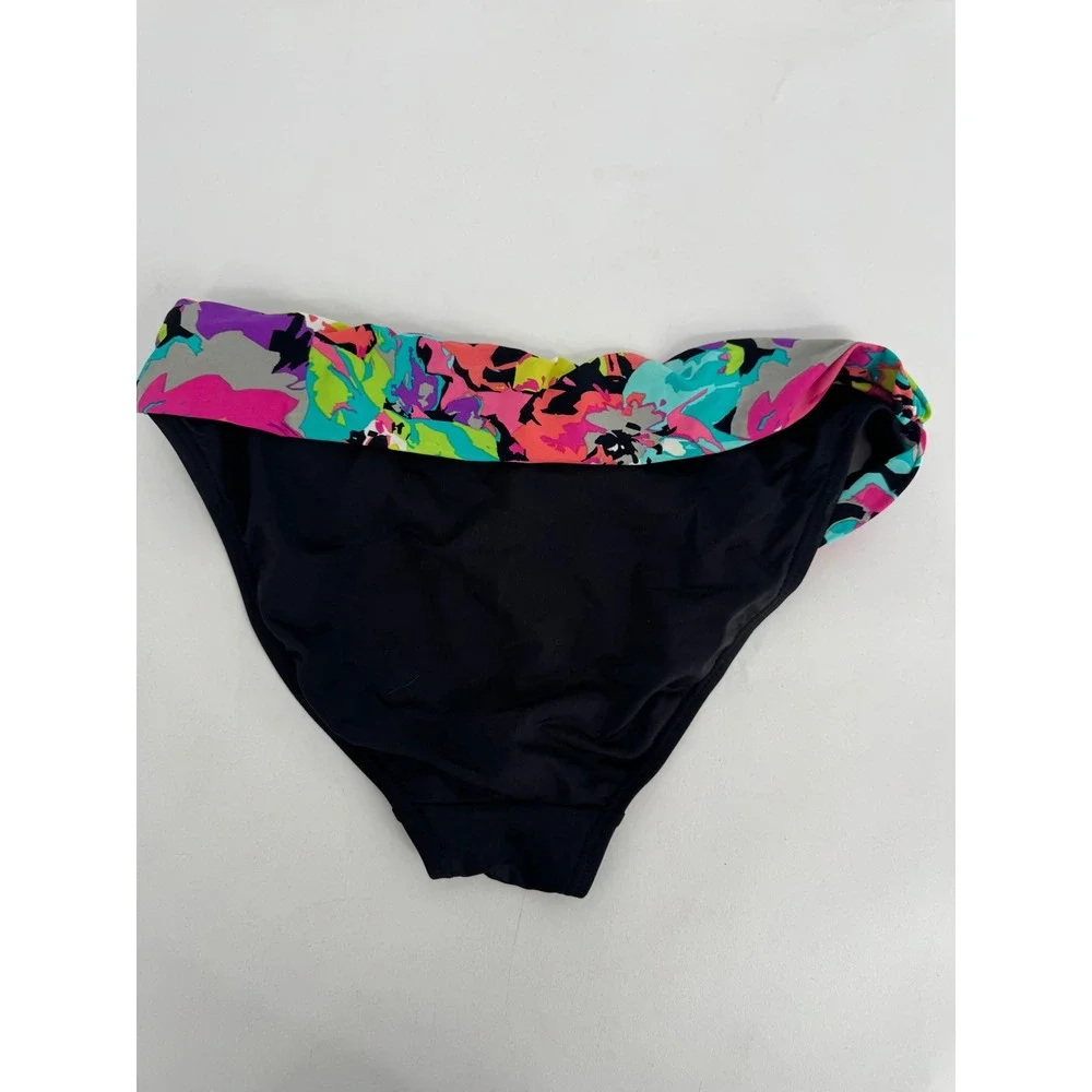 Kenneth Cole Reaction Women Black Multi Floral Neon Fold Over Bikini Bottom Sz S
